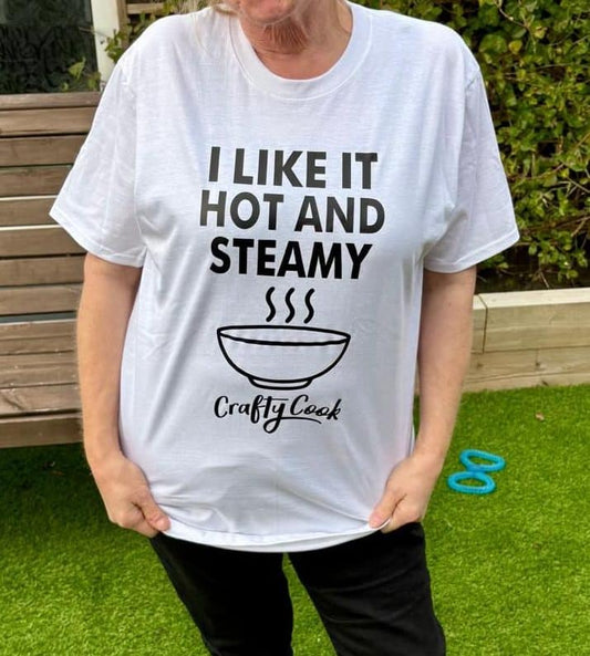 Crafty Cook I Like It T-shirt featuring humorous steam and heat graphic in black and white, casual all-purpose tee for cooking enthusiasts.