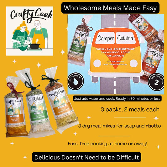 Crafty Cook Camper Cuisine orange van serving meals, 3x2 portion setup, wholesale food product for catering or events.