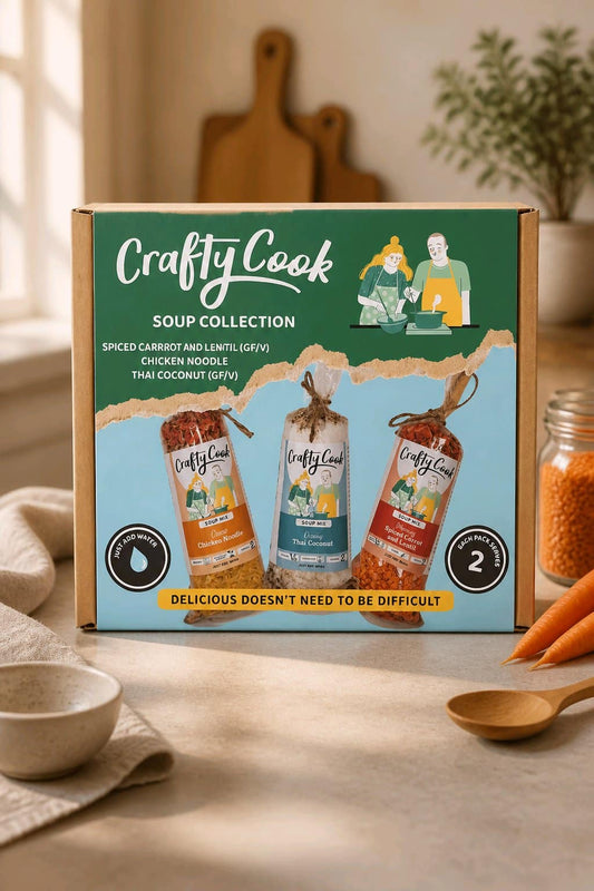 Crafty Cook Soup Collection with three 2-serving meal containers, featuring a variety of flavorful soup options.