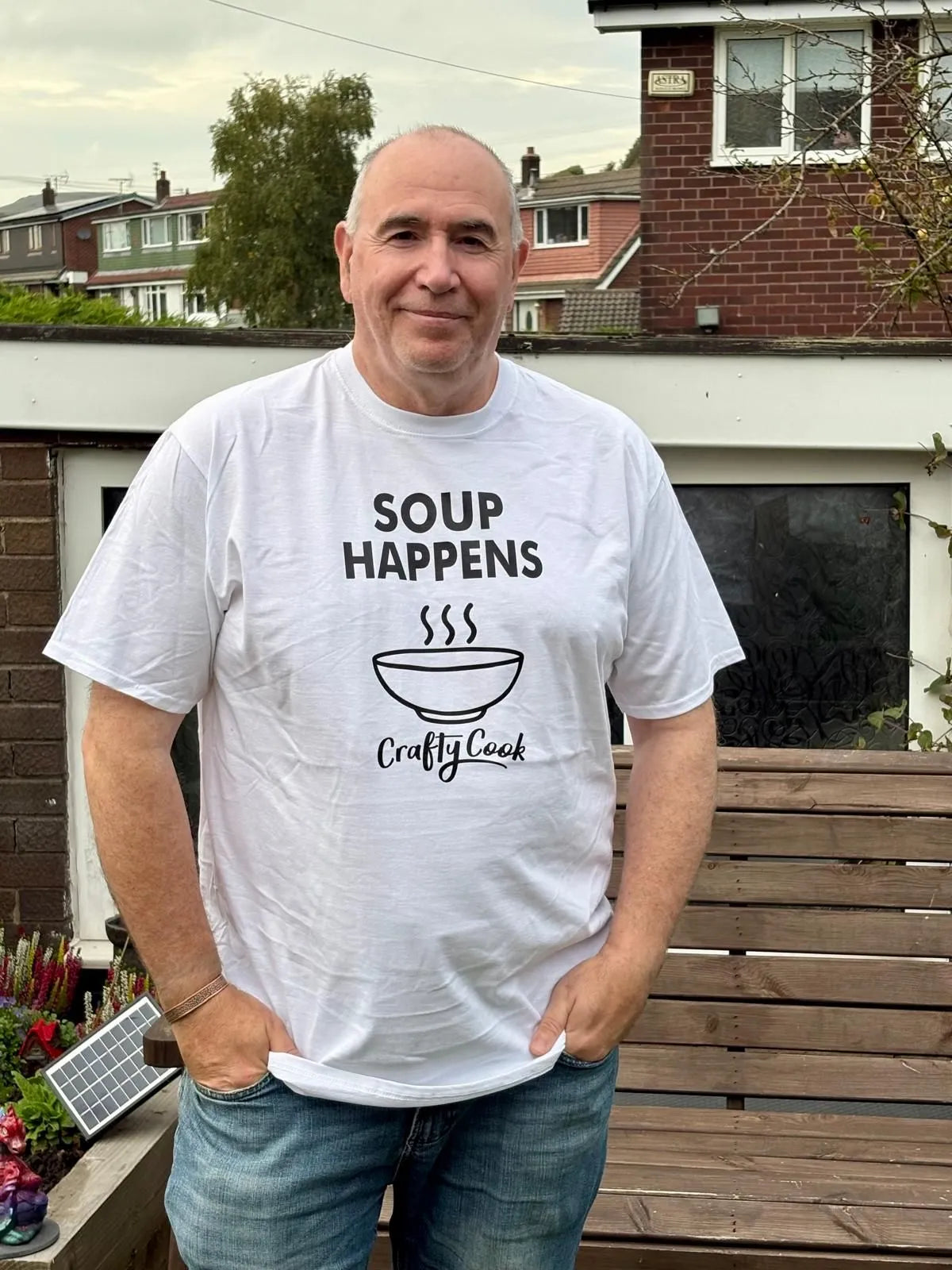 Crafty Cook Soup Happens T-shirt featuring humorous text and casual fit, perfect for kitchen and cooking enthusiasts.