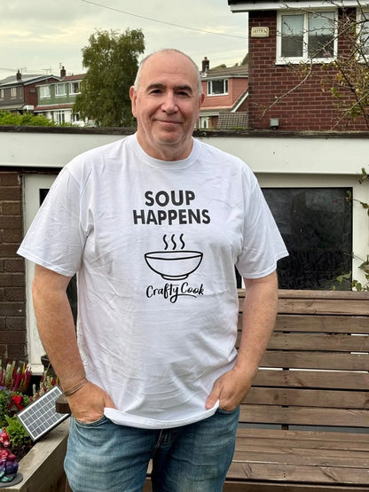 Crafty Cook Soup Happens T-shirt featuring humorous text and casual fit, perfect for kitchen and cooking enthusiasts.
