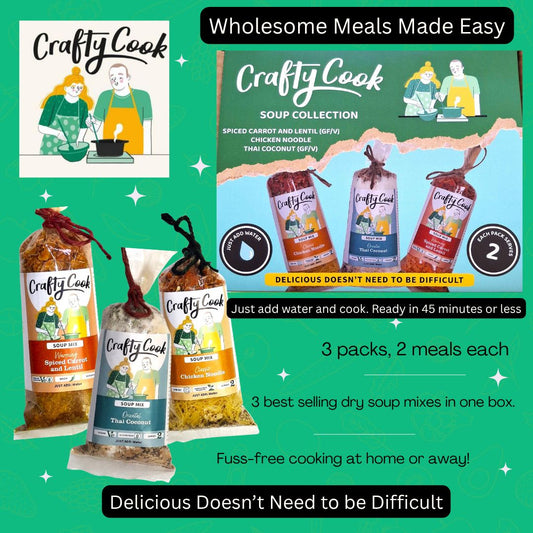 Crafty Cook soup collection featuring three 2-serving meal packages, displayed in a visually appealing way.