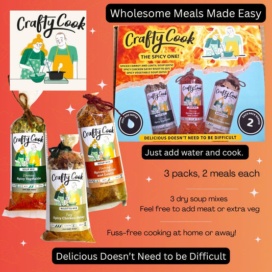 Three gluten-free meal packs of The Spicy One! by Crafty Cook, showcasing colorful ingredients in a wholesale packaging.