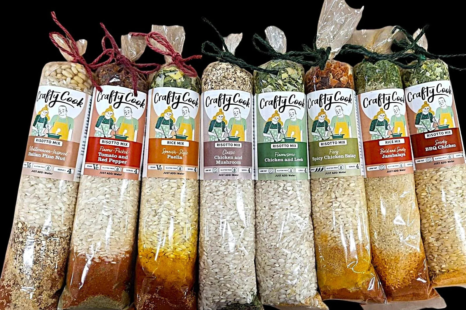 Crafty Cook Savoury Bundle hamper with assorted risotto mixes and kitchen essentials, featuring colorful packaging and cozy presentation.