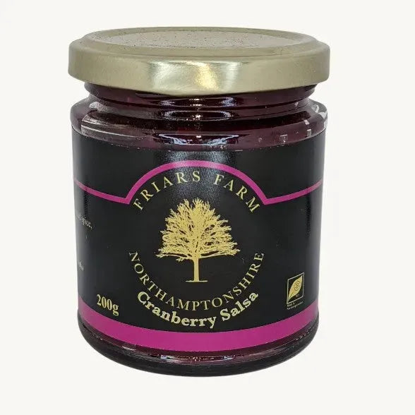 Cranberry salsa relish in a glass jar, showing vibrant red cranberries and fresh ingredients, by Friars Farm.