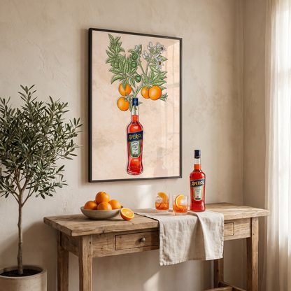 Colorful artwork featuring Aperol bottles and fresh oranges, displayed in glassware, by Glassware UK.