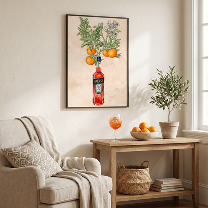 Colorful artwork featuring Aperol bottles and fresh oranges displayed on stylish glassware by Glassware UK