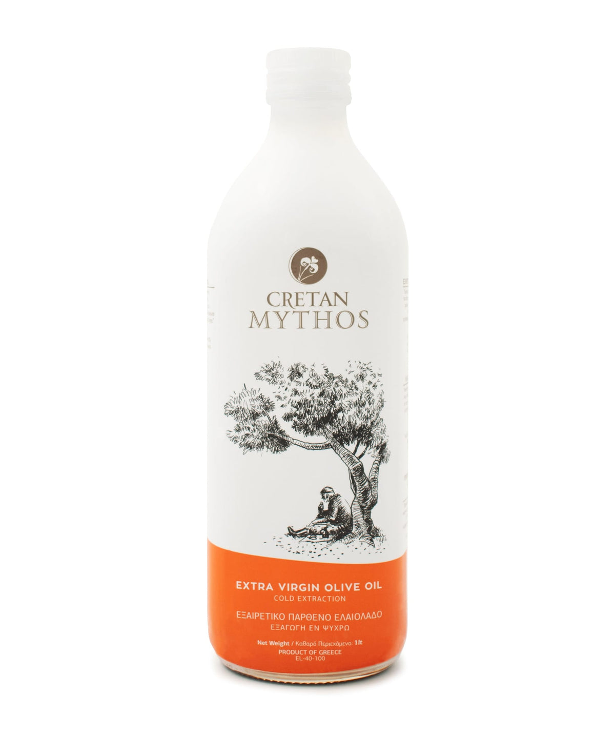 Cretan Mythos extra virgin olive oil in a 1-liter bottle, showcasing rich golden-green olive oil from The Greek Deli Club.