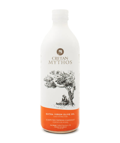 Cretan Mythos extra virgin olive oil in a 1-liter bottle, showcasing rich golden-green olive oil from The Greek Deli Club.
