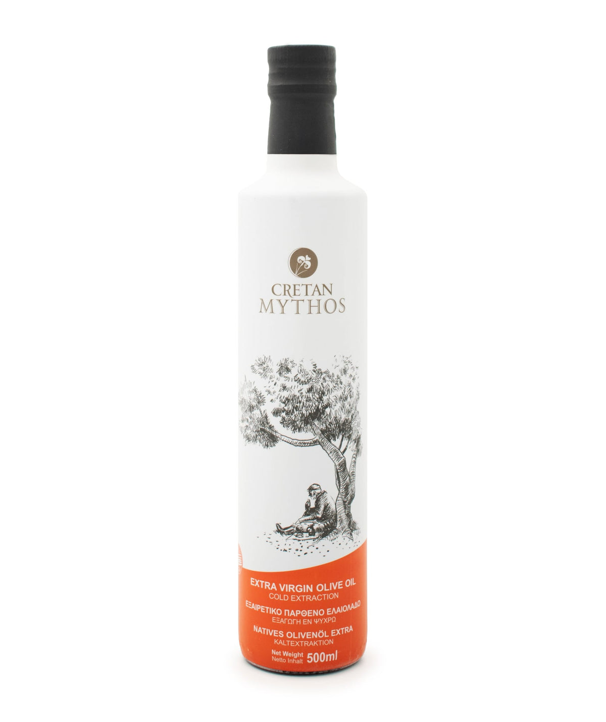 Cretan Mythos Extra Virgin Olive Oil in a 500ml bottle, showcasing the golden liquid and traditional packaging from The Greek Deli Club.