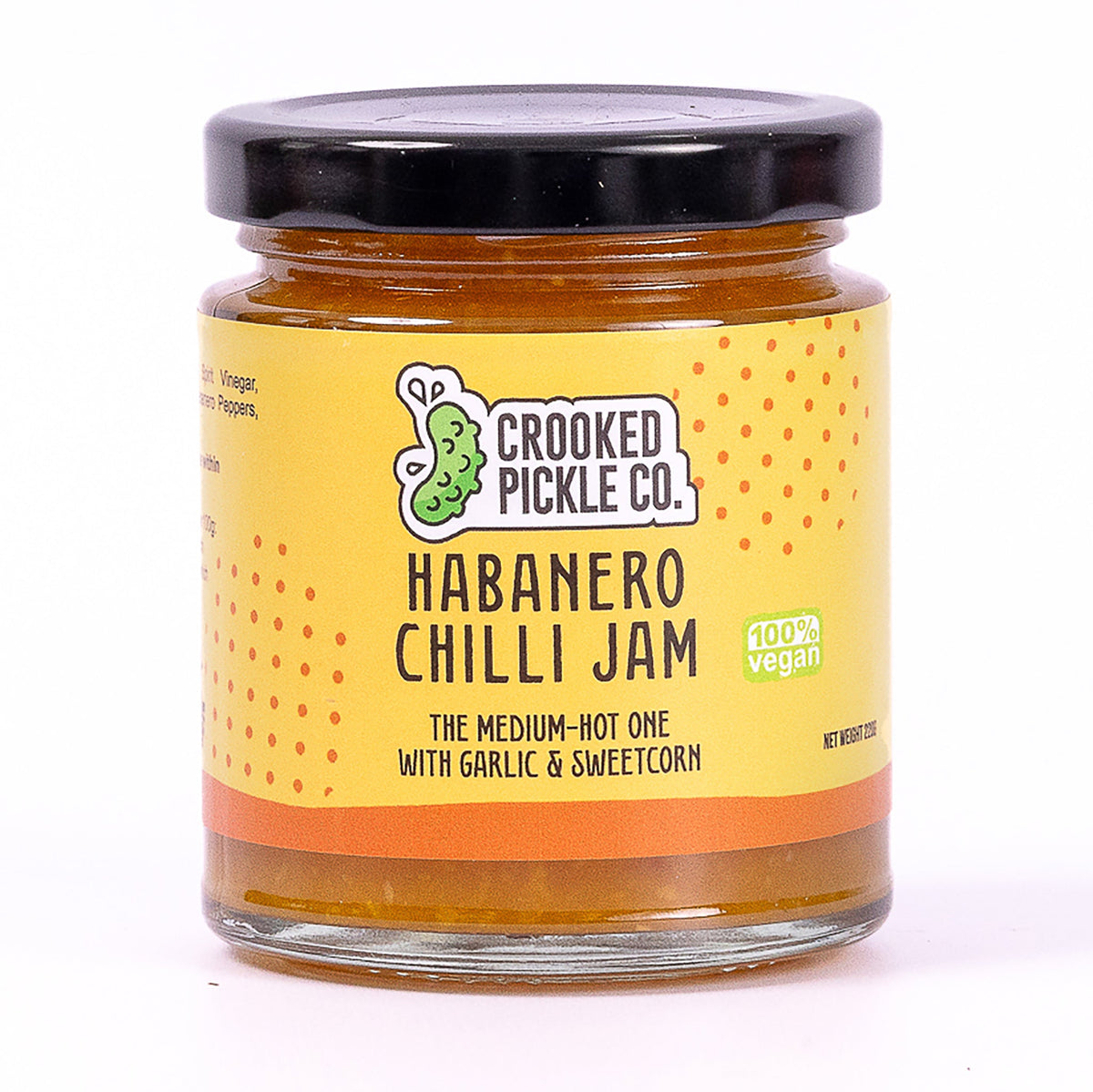 Habanero chilli jam by Crooked Pickle Co with sweetcorn and yellow pepper in a 210g jar, showcasing vibrant ingredients.