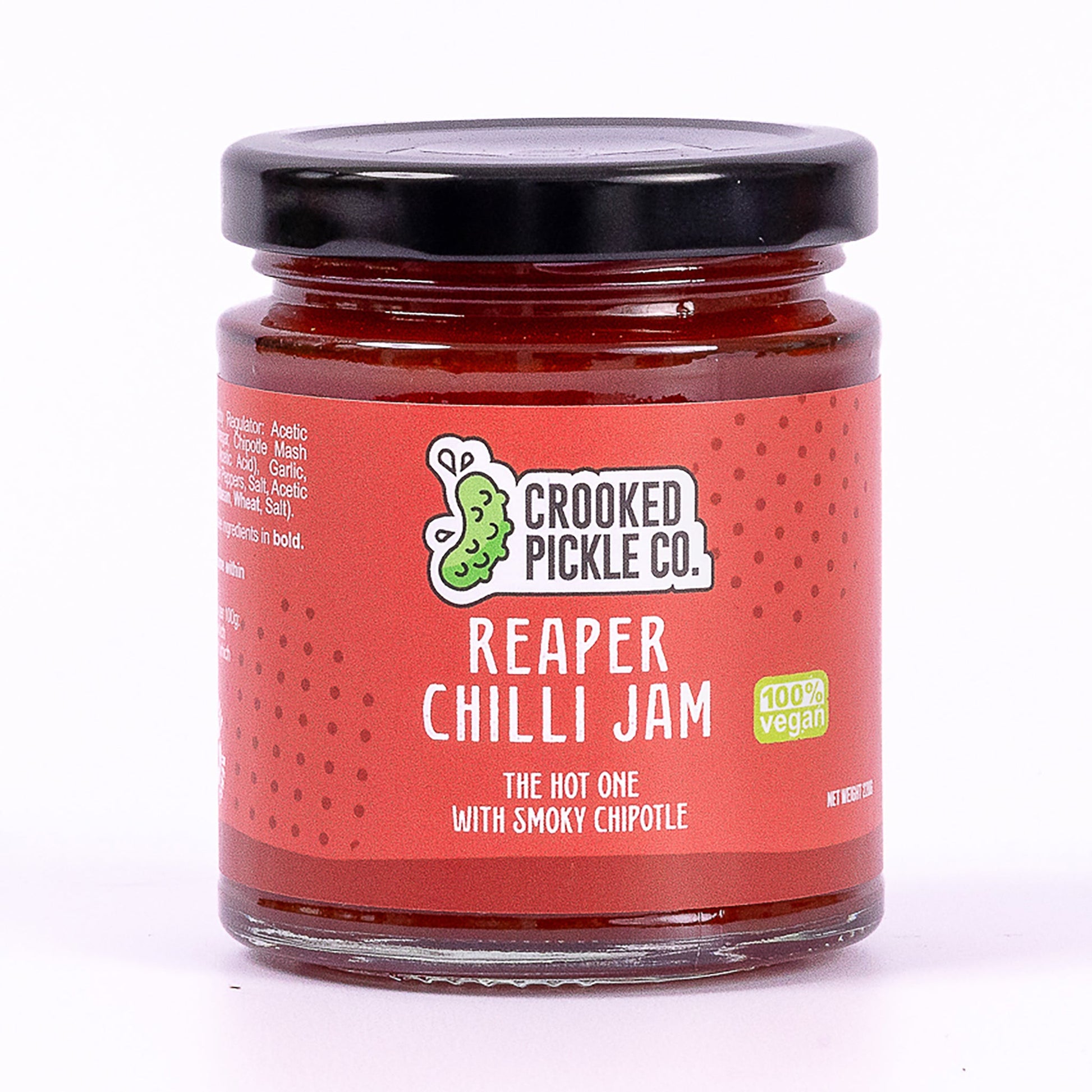 Reaper Chilli Jam by Crooked Pickle Co featuring intense heat, chipotle, and soy in a 210g jar.