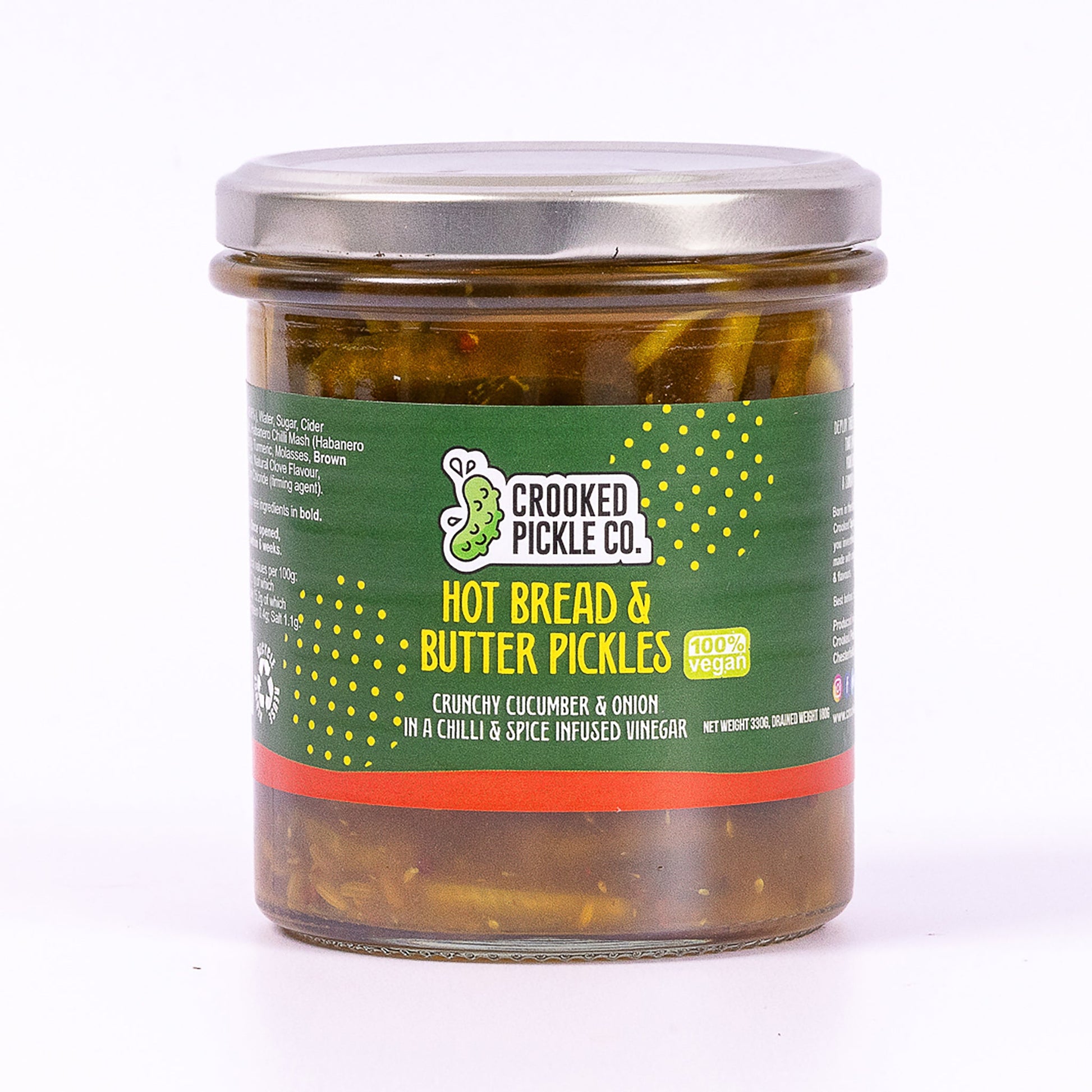 Crunchy sliced cucumber and onion pickled in spicy vinegar. Hot pickles.