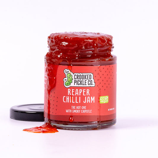 Reaper Chilli Jam by Crooked Pickle Co, featuring intense heat, chipotle, and soy in a 210g jar.