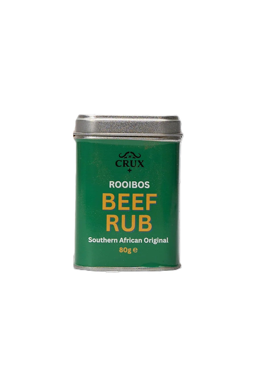 Crux BBQ Roobios Beef Rub container with label, showcasing a flavorful BBQ condiment for beef grilling and smoking.