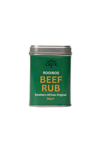 Crux BBQ Roobios Beef Rub container with label, showcasing a flavorful BBQ condiment for beef grilling and smoking.