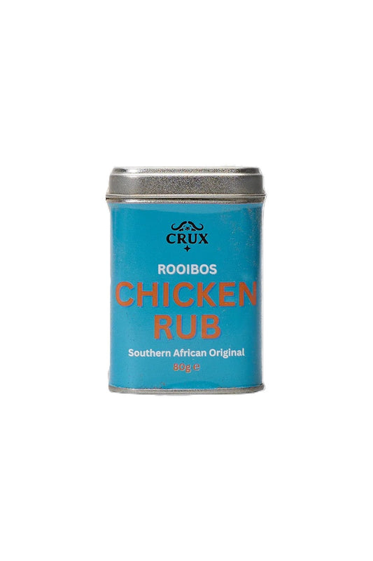 Crux BBQ Roobios Chicken Rub in a jar, spicy BBQ condiment for seasoning chicken, with herbs and spices visible inside.