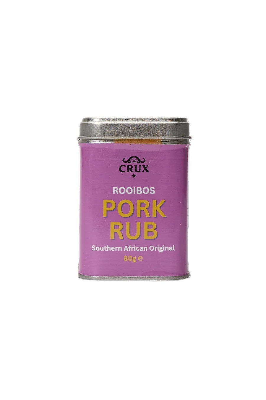 Crux BBQ Roobios Pork Rub in a jar, natural spice blend for BBQ, with a close-up of the label on the condiment container.