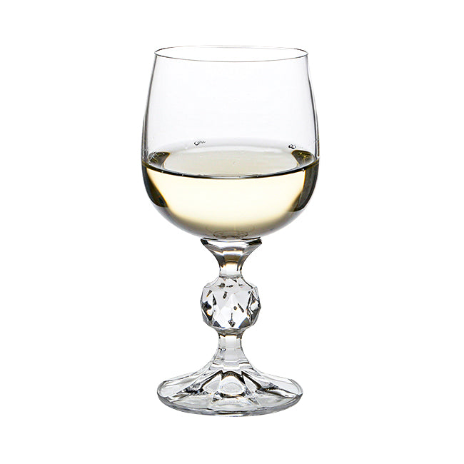 Six Claudia Crystalite wine glasses by Glassware UK, 190ml capacity, clear crystal design, arranged on a table.