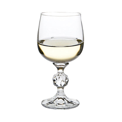 Six Claudia Crystalite wine glasses by Glassware UK, 190ml capacity, clear crystal design, arranged on a table.
