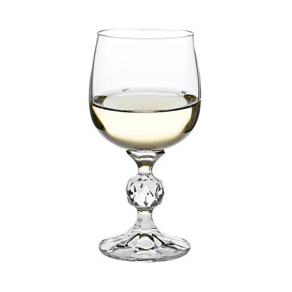 Set of six Claudia Crystalite wine glasses by Glassware UK, 190ml, clear cut-glass design, perfect for wine serving.