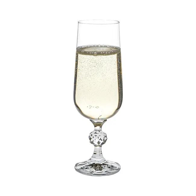 Set of six Claudia Crystalite champagne flutes, 180ml, made by Glassware UK, with tall, slender glass design for celebrations.