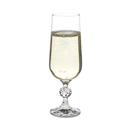 Set of six Claudia Crystalite champagne flutes, 180ml, made by Glassware UK, with tall, slender glass design for celebrations.