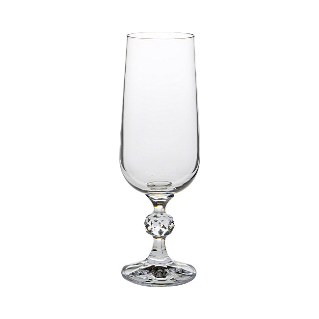 Set of six Glassware UK Claudia Crystalite champagne flutes, 180ml, with elegant tall, slender design and clear crystal finish.