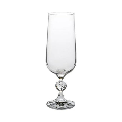 Six Claudia Crystalite Champagne Flutes, 180ml Glassware UK set, with clear crystal design, tall slender stems, perfect for celebrations.