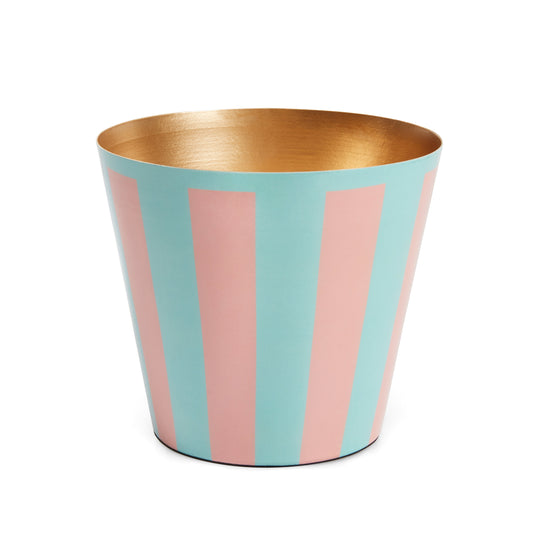 Domenicamarland Penny Planter in pink and blue stripe ceramic pot with a glossy finish and rounded shape.