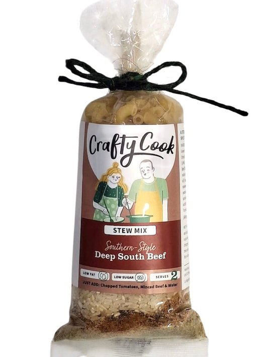 Crafty Cook Deep South Beef Stew Mini Mix packet showing the label and packaging for flavorful beef stew seasoning.