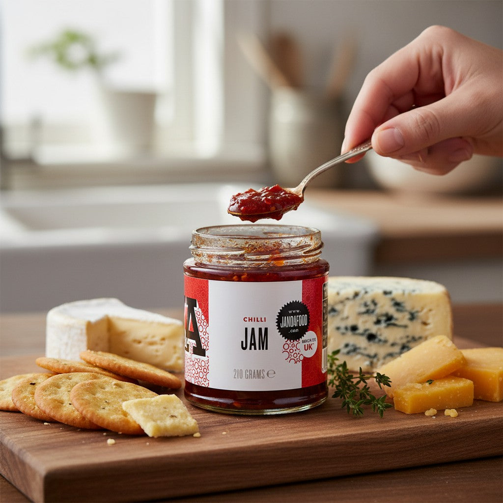 Janda chilli jam jar with vibrant red chili peppers, showcasing the spicy, flavorful condiment in a clear glass jar.