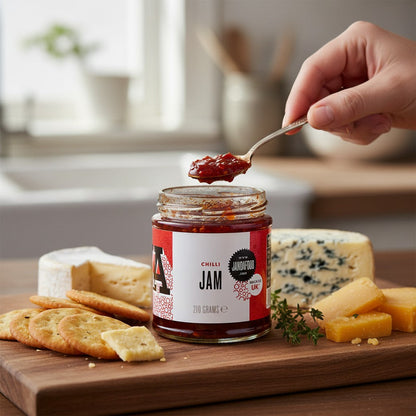 Janda chilli jam jar with vibrant red chili peppers, showcasing the spicy, flavorful condiment in a clear glass jar.