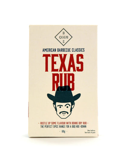 Texas Rub book by BOHNS Rubs featuring BBQ recipes and rub techniques, with a cover displaying colorful barbecue imagery.