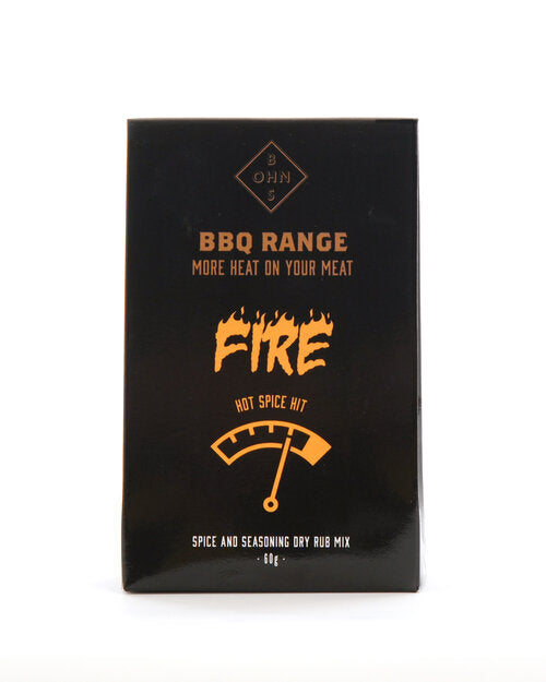 BOHNS Rubs Fire BBQ spice blend jar with fiery red label, designed to add heat and flavor to grilled meats.