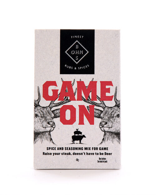 Book titled "Game On" by BOHNS Rubs featuring spice and seasoning mix for game meat, with colorful cover and recipe illustrations.