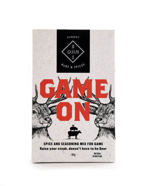 Book cover titled "Game On" by BOHNS Rubs featuring spices and seasoning blends for game meat cooking.