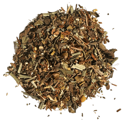 Loose leaf Dandelion Detox herbal tea by Porter Hill Tea Company, showing fresh dandelion herb leaves and flowers.