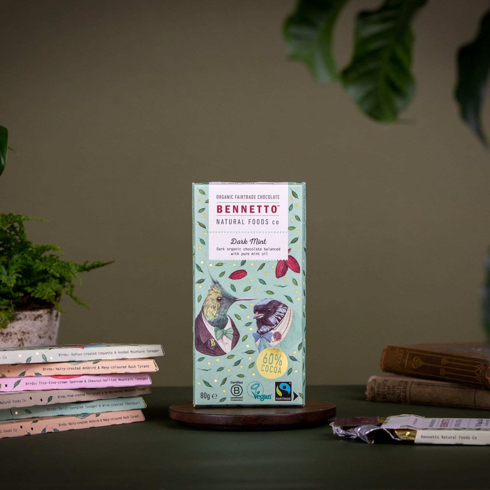 Dark mint chocolate by Bennetto Natural Foods UK, showing a close-up of rich dark chocolate with a mint filling.