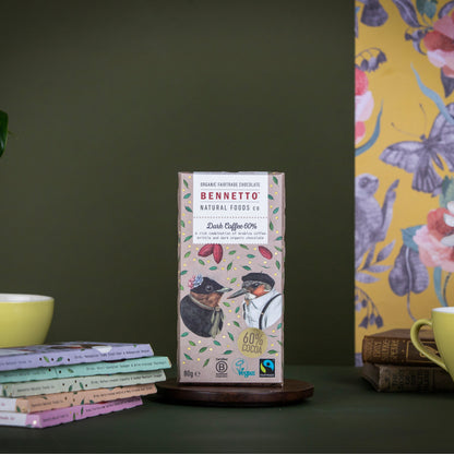 Dark coffee-flavored chocolate bar by Bennetto Natural Foods UK with rich, smooth chocolate appearance and dark cocoa color.