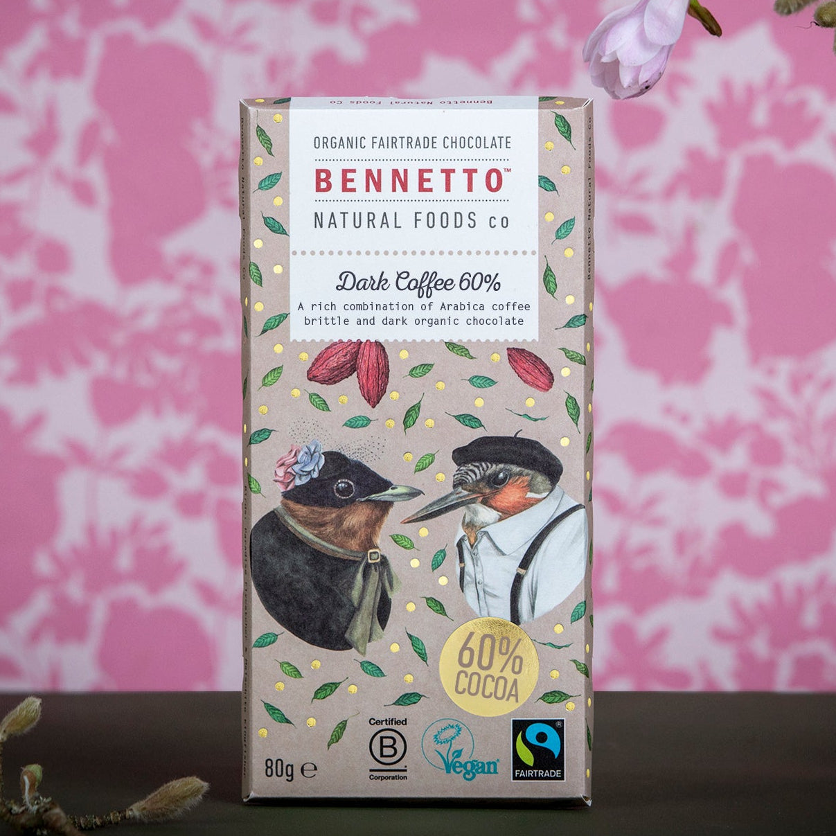 Bennetto Natural Foods UK dark chocolate coffee bar, rich and smooth with coffee flavor, wrapped in foil packaging.