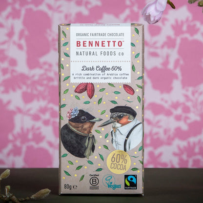 Bennetto Natural Foods UK dark chocolate coffee bar, rich and smooth with coffee flavor, wrapped in foil packaging.