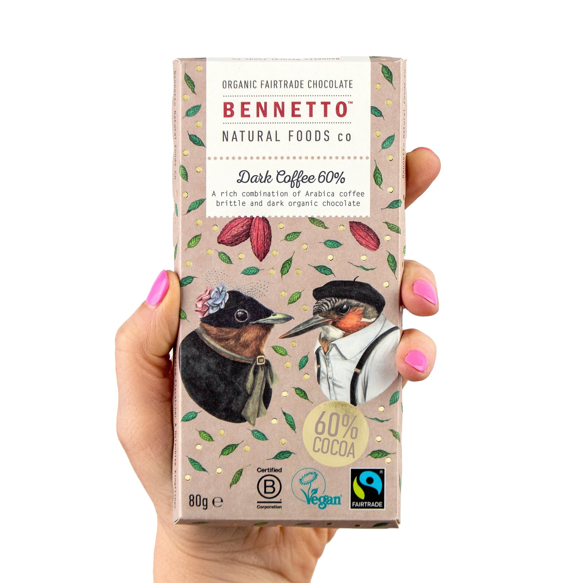 Dark coffee-flavored chocolate bar by Bennetto Natural Foods UK, showing rich dark chocolate pieces with a smooth texture.
