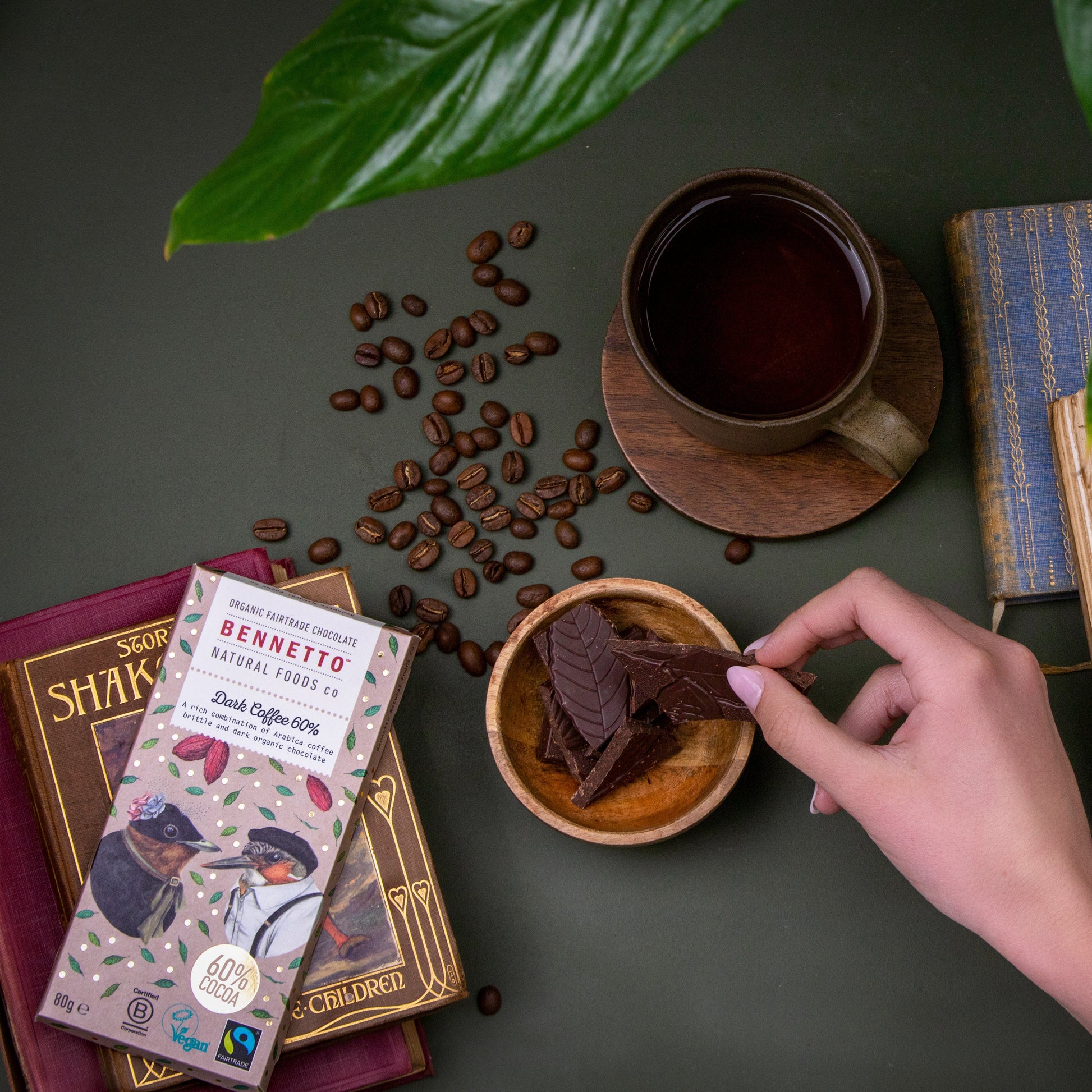 Bennetto Natural Foods UK dark chocolate with coffee flavor, showing a bar with rich, dark cocoa and coffee-infused pieces.