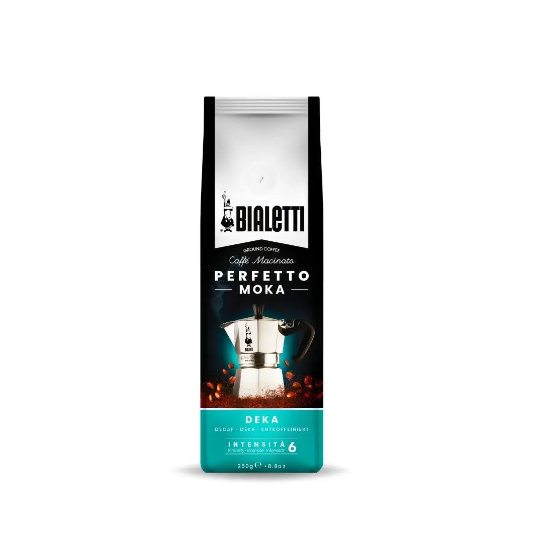 Decaf Bialetti Perfetto Moka stovetop coffee in a Brew Italia package, showcasing a jar of rich, aromatic coffee beans.
