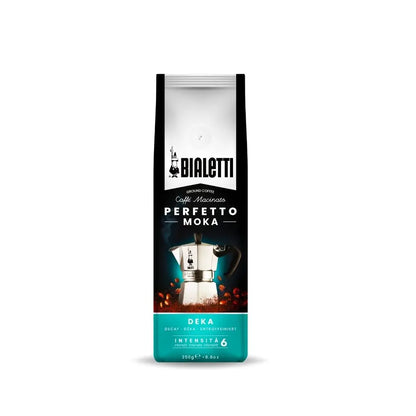 Decaf Bialetti Perfetto Moka stovetop coffee in a Brew Italia package, showcasing a jar of rich, aromatic coffee beans.