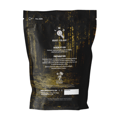 Decaffeinated coffee bag from Contact Coffee Company Ltd., showing the packaging for high-quality decaf coffee.
