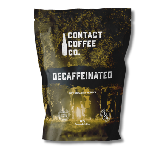Decaffeinated coffee from Contact Coffee Company Ltd., showing a bag of premium decaf coffee beans.