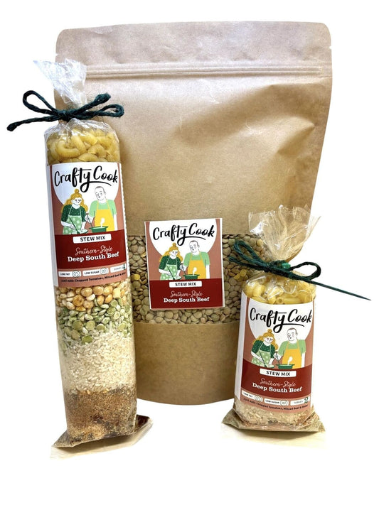Crafty Cook Deep South Beef Stew Mix in a package, ready to add flavor to hearty beef stew dishes.