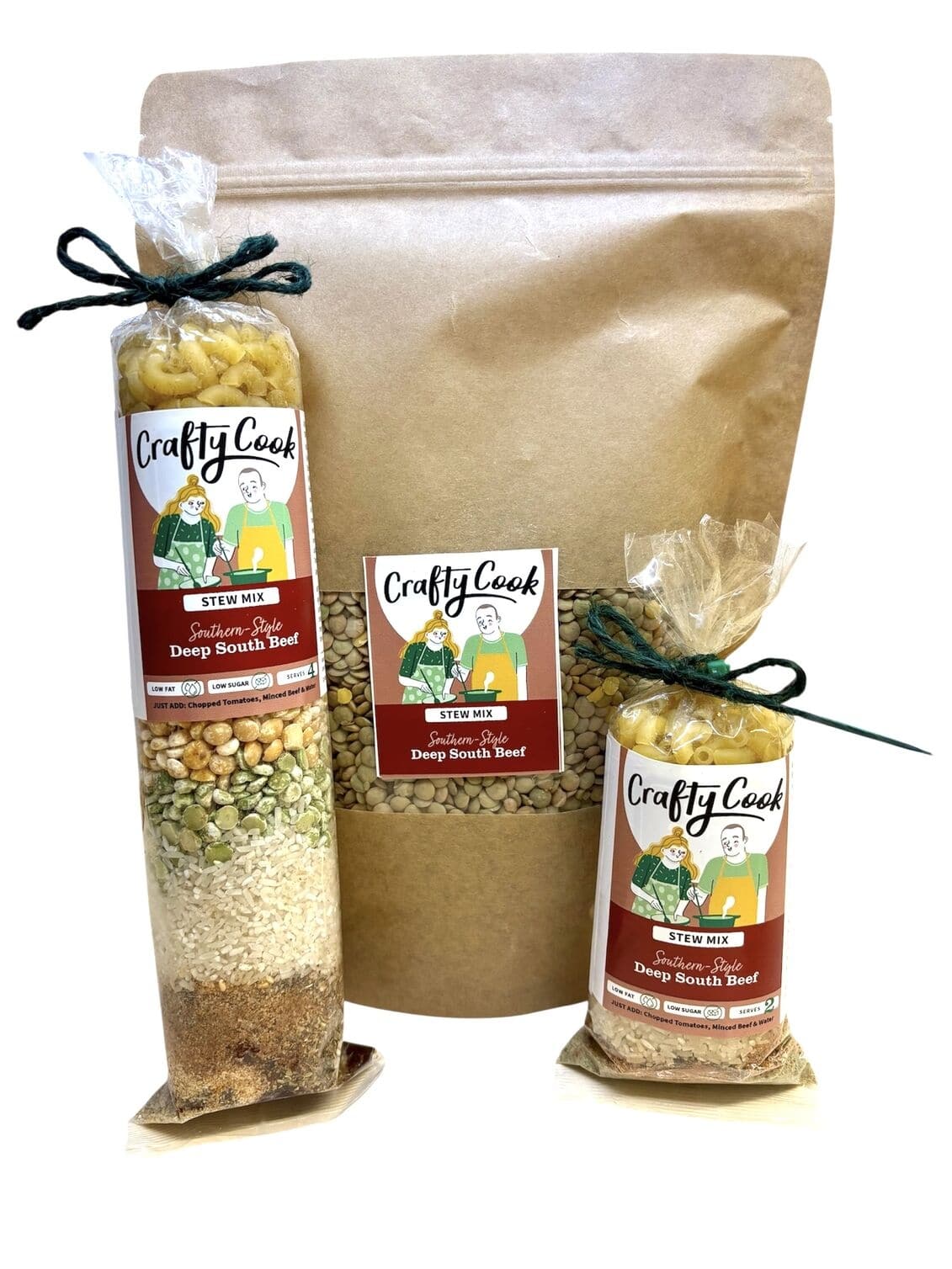Crafty Cook Deep South Beef Stew Mix in a jar with a label, ready for making hearty beef stew.